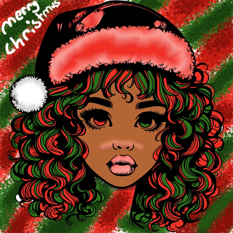 realistic girl with a santa hat curly hair and lips