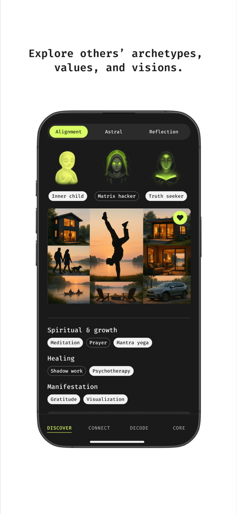Sacrena - Sacrena app interface showing a spiritual user profile with archetypes vision board and life values