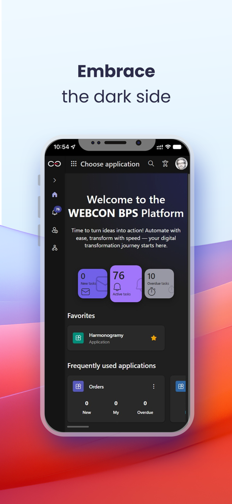 WEBCON BPS Mobile App Dashboard im Dark Mode, das Aufgabenzähler und Workflow-Automatisierungsoptionen anzeigt
