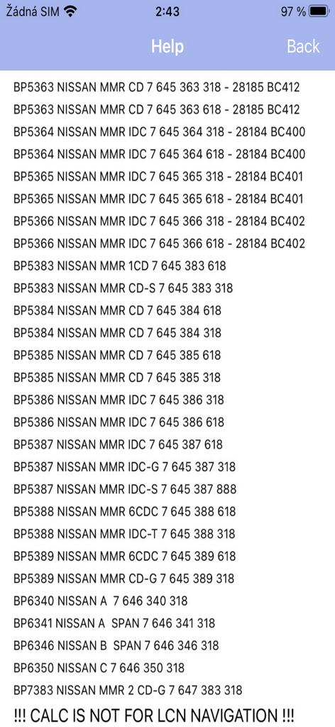Una lista de modelos de radio Blaupunkt compatibles para Nissan Micra y Note dentro de la aplicación.