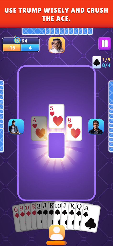 Tarneeb Online - Gameplay screen of Tarneeb Online showing a four player card match with trump strategy text