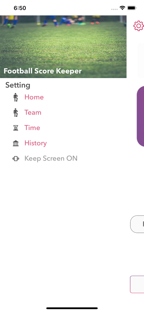 Football Score Tracker - Football Score Tracker app settings menu displaying options for teams time and game history