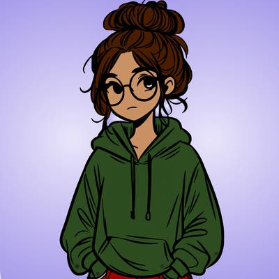 teen girl with a messy bun and glasses wearing a loose hoodie and jeans