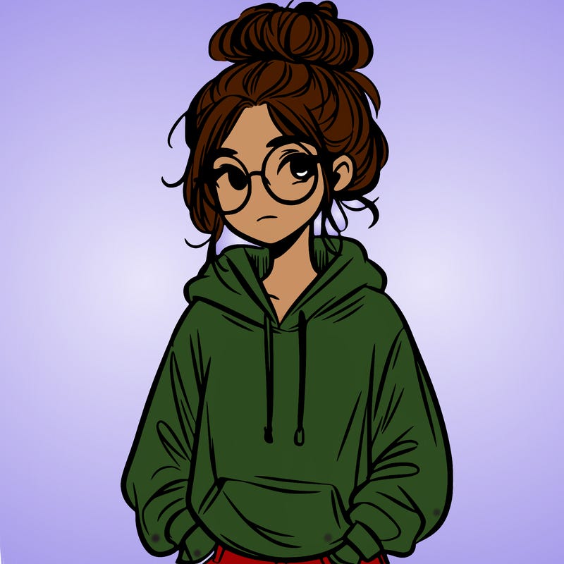 teen girl with a messy bun and glasses wearing a loose hoodie and jeans