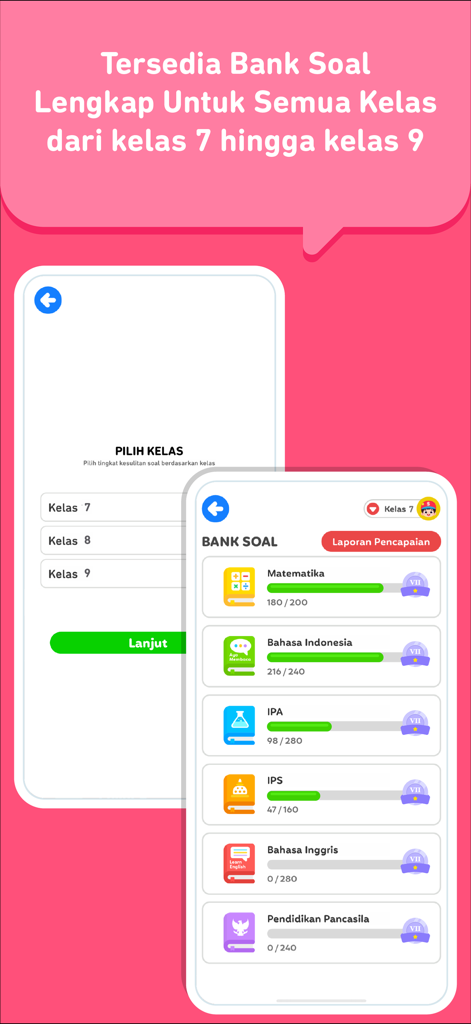 Soal Ujian SMP + TKA - Interface of the Soal Ujian SMP app displaying grade selection from 7 to 9 and a progress list for various school subjects.