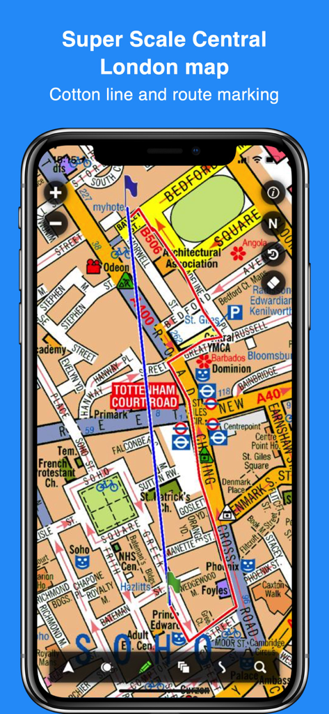 Cabbie's Mate - Cabbie's Mate app screen displaying a Super Scale Central London A-Z map with cotton line and route marking