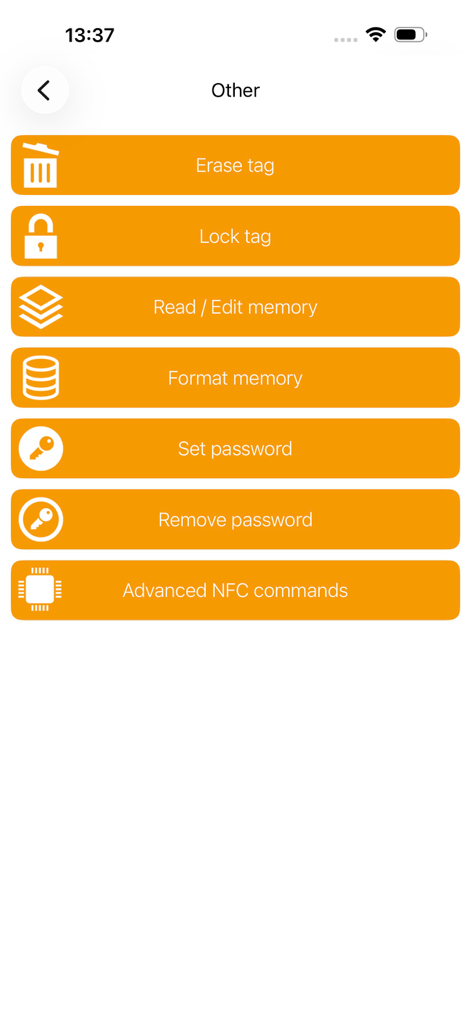 A menu in the NFC Tools app displaying options to erase, lock, and format NFC tags