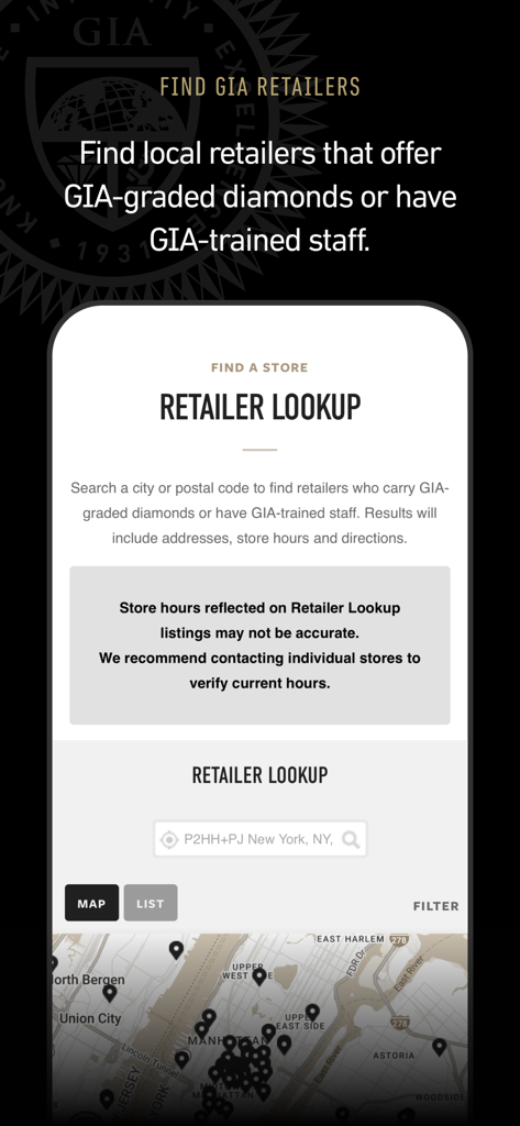 GIA - GIA mobile app retailer lookup interface with a map showing jewelry store locations
