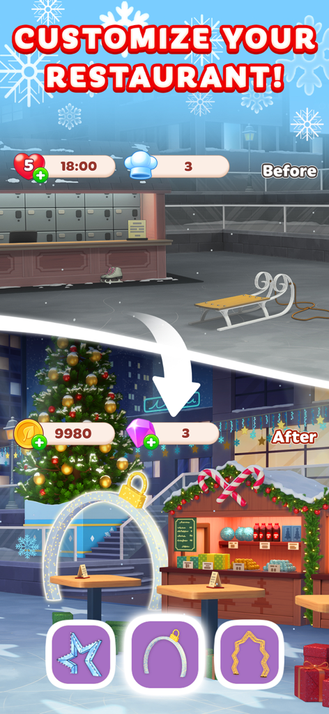 冬とクリスマスの装飾が施されたレストランの改装前と後の比較。