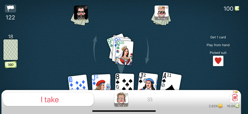 Mehrspieler-Gameplay des Mau-Mau Online Kartenspiels im Querformat, das drei Spieler zeigt