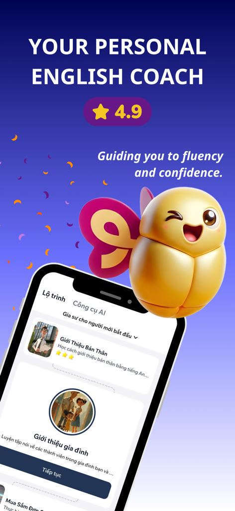 Dot Speak: Your English Coach - Interface do aplicativo de aprendizado de inglês Dot Speak mostrando um caminho de aprendizado personalizado e ferramentas de IA