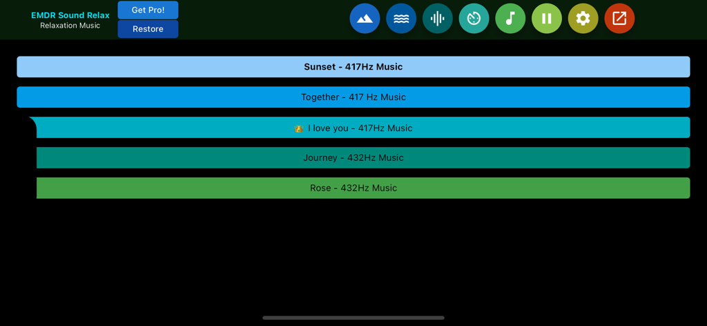 Relaxation music track selection screen with 417Hz and 432Hz Solfeggio frequencies in the EMDR Sound Relax app.