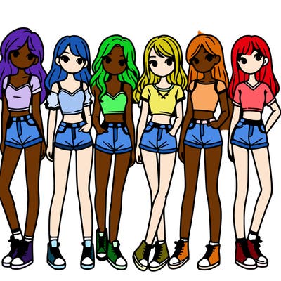 a group of girls wearing crop tops and shorts