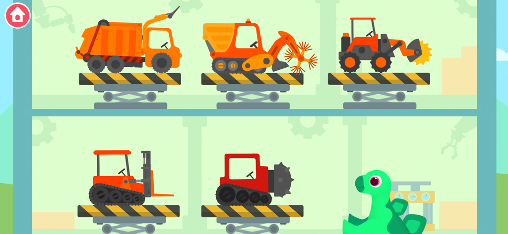 Dinosaur Garbage Truck Games - 다섯 가지 특수 서비스 트럭과 녹색 공룡 캐릭터가 특징인 선택 화면