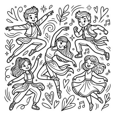 Ignite your child's imagination with this vibrant coloring page featuring a lively group of contemporary dancers. They'll love adding their favorite colors to these joyful, expressive performers.