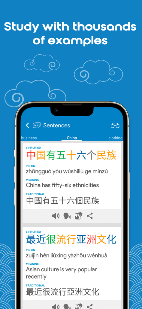 HSK3 Learn Chinese Chinesimple - Captura de pantalla de la aplicación móvil que muestra frases chinas con caracteres simplificados y tradicionales, pinyin y traducciones al inglés