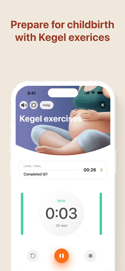 Pregnancy Tracker・App by Moms - Interface of a pregnancy app showing guided Kegel exercises with a timer for childbirth preparation.