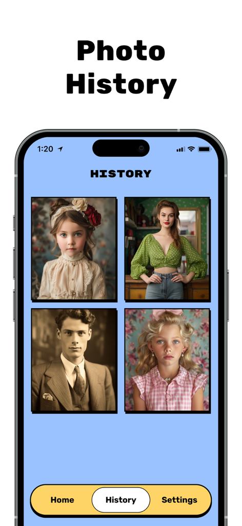Restore Old Photos - Restora - Die Verlaufsseite der Restora-App zeigt ein Raster aus vier restaurierten und kolorierten Vintage-Fotos