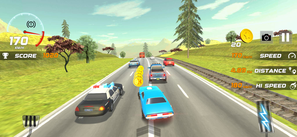 Highway Traffic Racer Car Ride - High speed car racing gameplay on a highway with a police car and coins