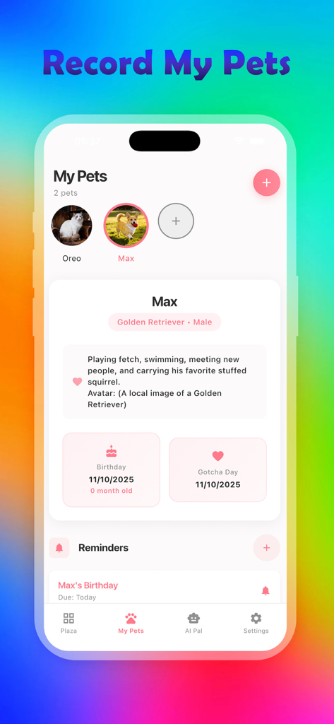 Leno：share happy life - Pantalla de aplicación móvil que muestra un perfil de mascota para un Golden Retriever llamado Max con recordatorios de cumpleaños y día de adopción.