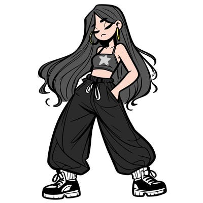 girl in baggy pants crop top and long hair