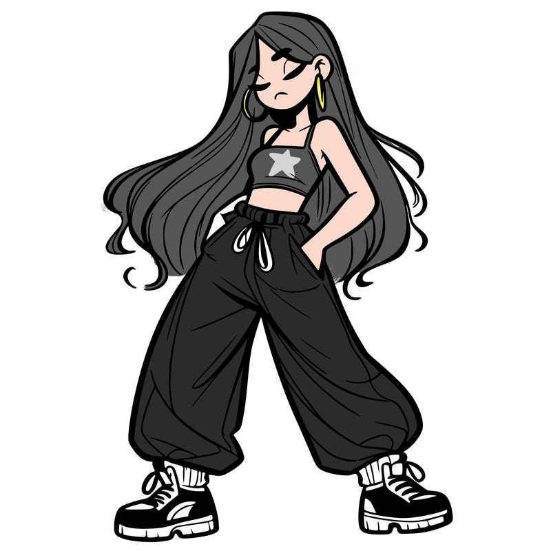 girl in baggy pants crop top and long hair