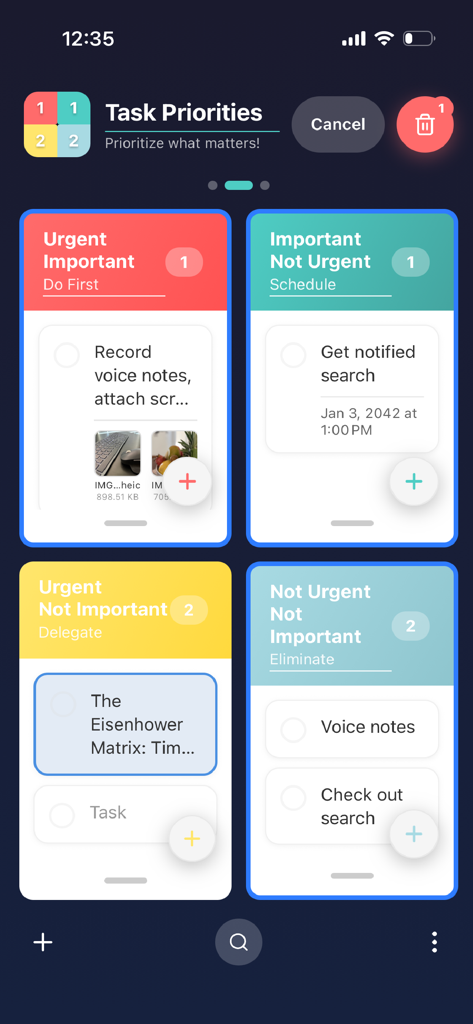 Quadrix - Quadrix app interface showing tasks organized into four Eisenhower Matrix priority quadrants