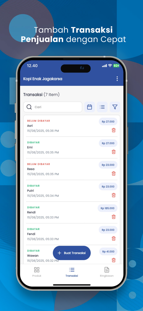 FibrPOS - Aplikasi Kasir Plus - FibrPOS mobile app screen displaying a list of sales transactions with paid and unpaid status indicators