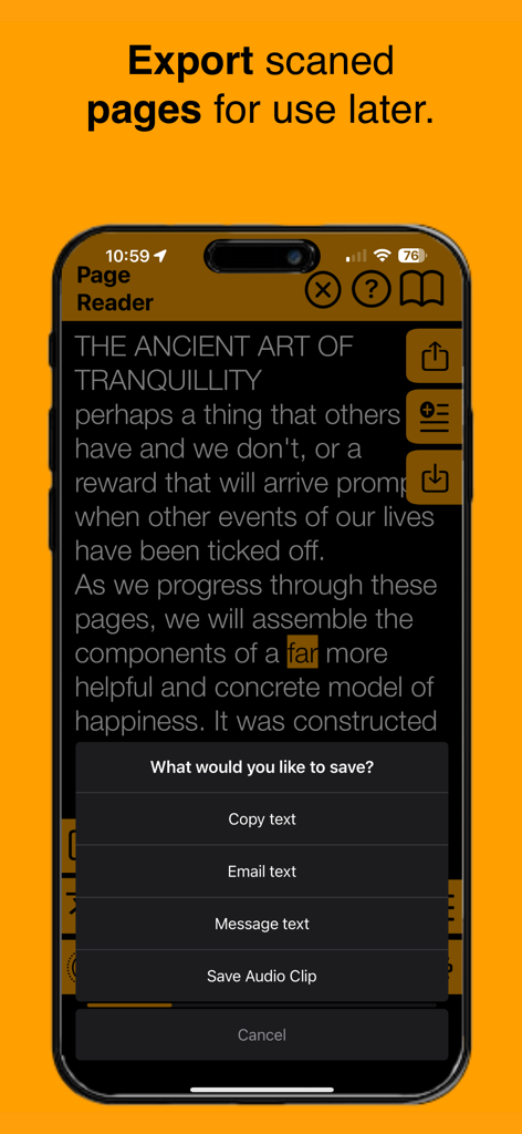 Page Reader - Interface of the Page Reader app displaying export options including copy text, email, and save audio clip.