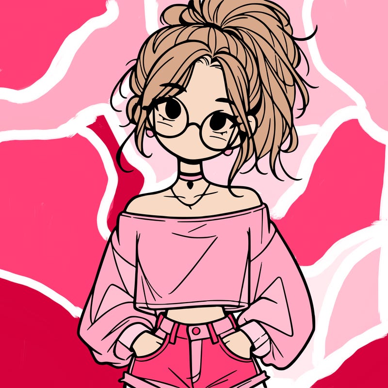 girl with a messy ponytail glasses a baggy crop top and jean shorts