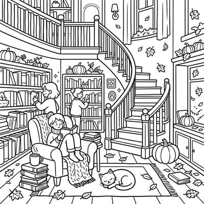 Step into a world of books and autumnal charm with this enchanting library coloring page, perfect for kids. Discover cozy corners, friendly faces, and delightful fall details waiting for your creative touch.
