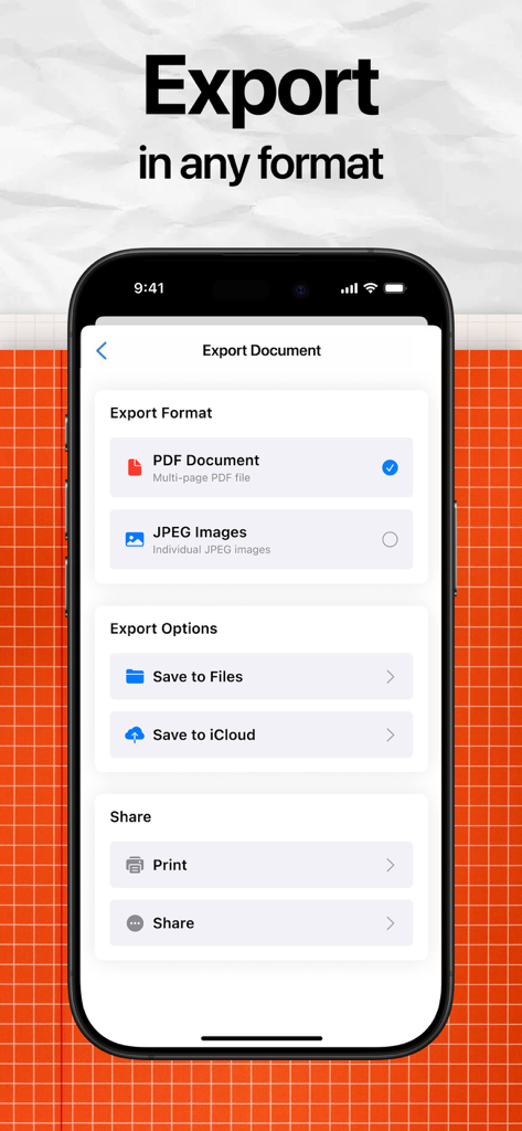 Lens - PDF Scanner and Editor - ドキュメントをPDFまたはJPEGとしてエクスポートするオプションを表示するLens PDFスキャナーアプリの画面