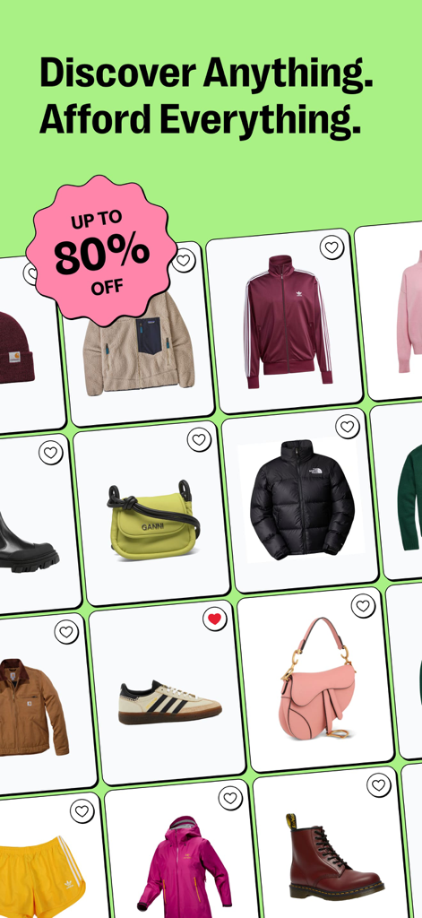 Faircado app interface displaying various pre-loved clothing and accessories with an 80 percent off promotion
