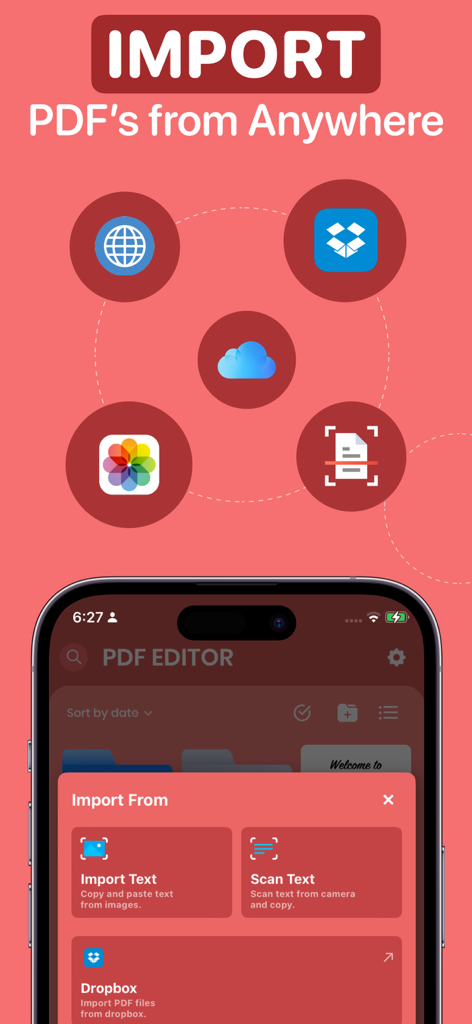 PDF Editor : Document Reader - PDF Editor app interface showcasing document import options from cloud storage and scanning