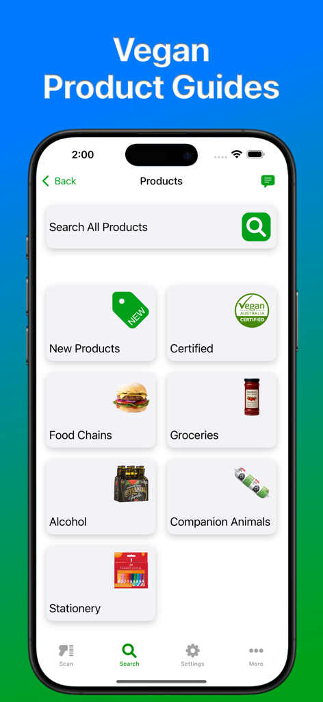 Fussy Vegan Pro App-Oberfläche, die verschiedene vegane Produktkategorien zeigt, darunter Lebensmittelketten, Lebensmittel, Alkohol und Begleittiere.
