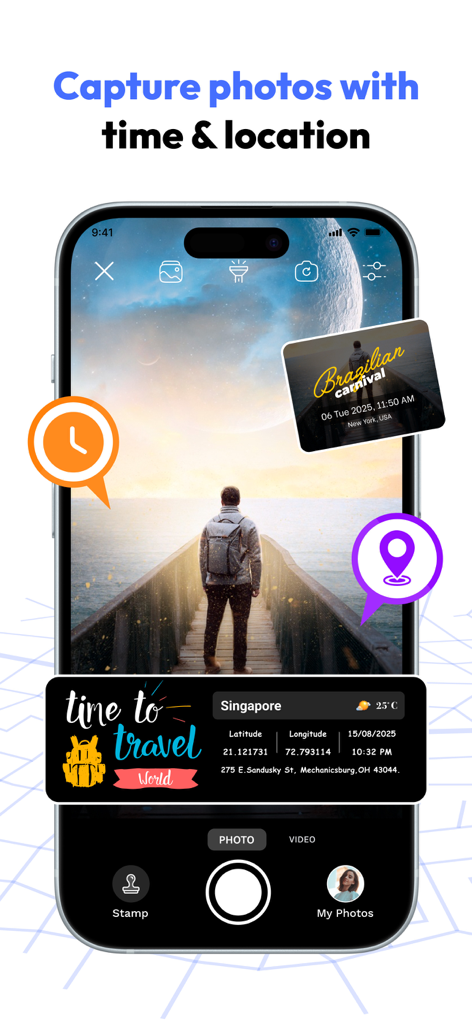 FieldCalc app interface showing photo capture with integrated GPS coordinates and time stamps
