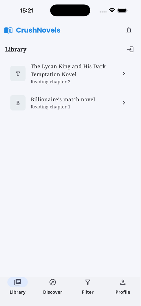 CrushNovels - Library screen of the CrushNovels app showing a list of romance novels with reading progress