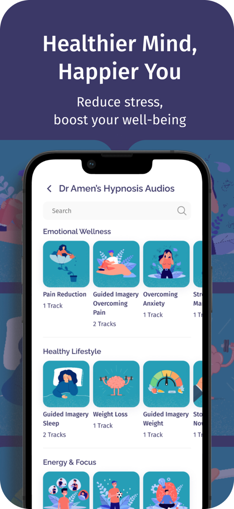 Dr Amen hypnosis audio categories in the Brain Fit Life app for stress reduction and well-being