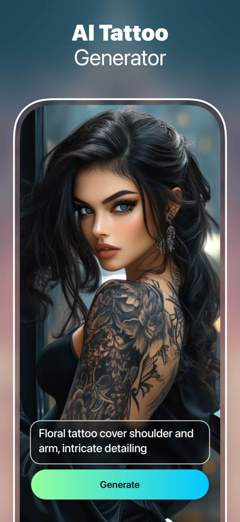 AI tattoo generator app screen showing a woman with an intricate floral shoulder tattoo