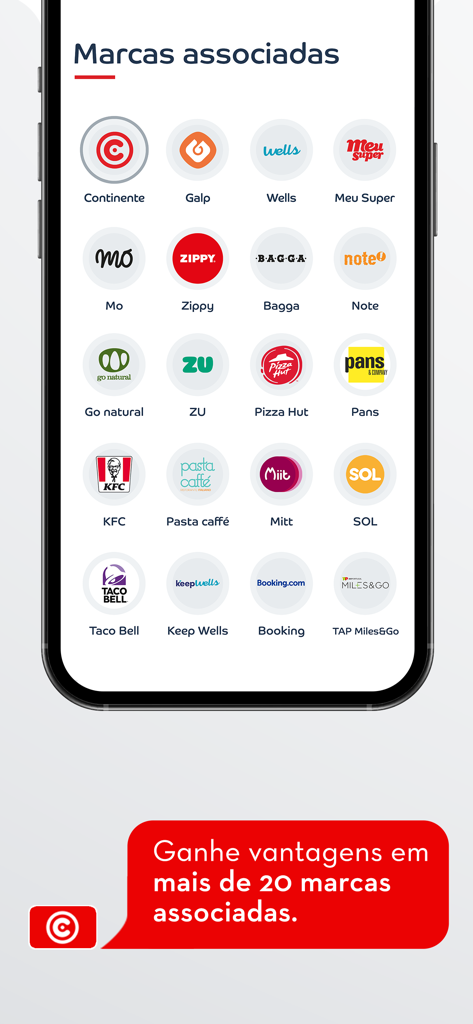 Cartão Continente - Uma interface móvel da aplicação Cartao Continente mostrando várias marcas parceiras associadas como Galp, Zippy e Booking.com