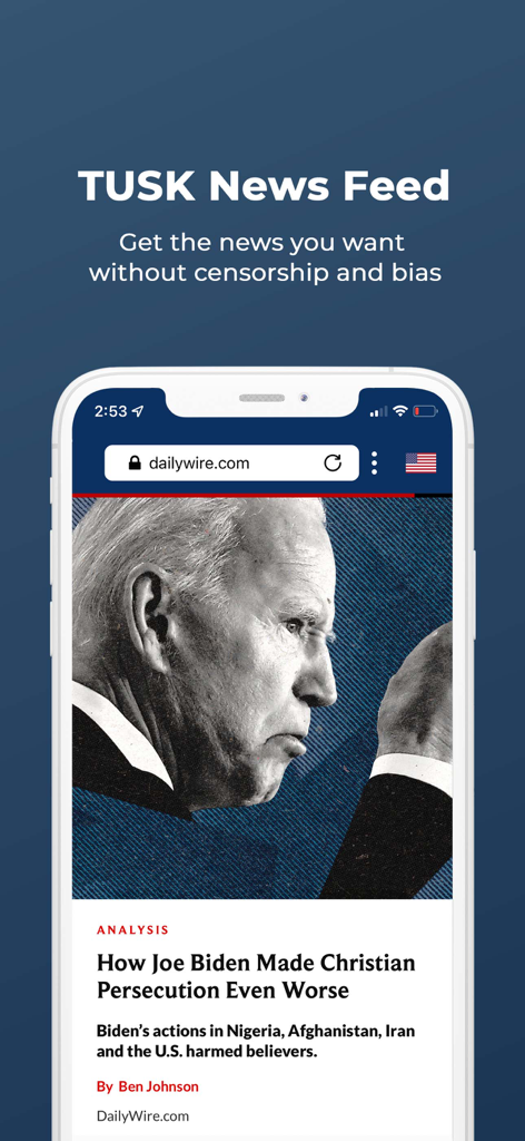 TUSK Search mobile app showing the TUSK news feed with a Daily Wire article