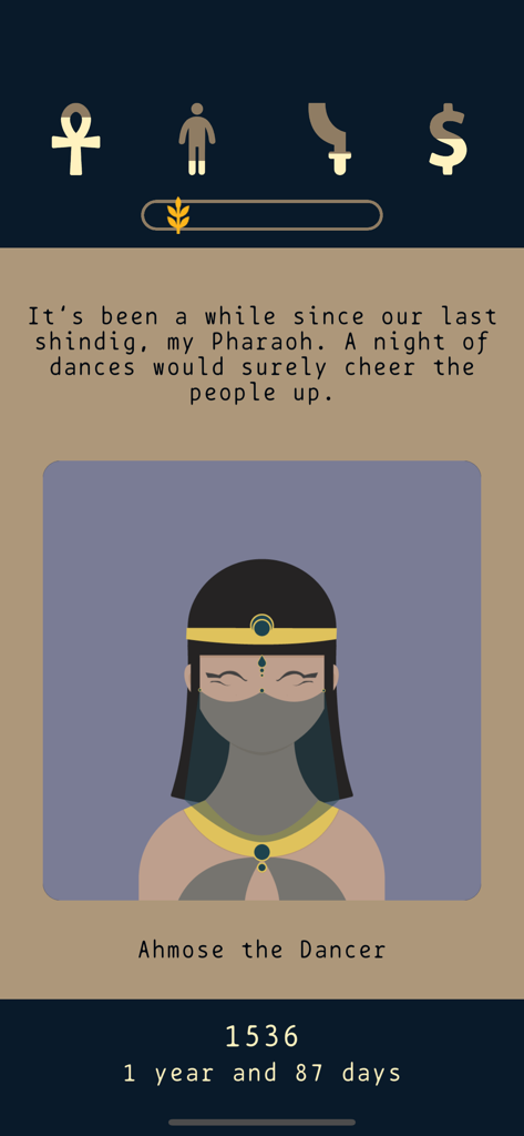 Lapse 2: Before Zero - Captura de pantalla del juego de Lapse 2 Before Zero mostrando un personaje llamado Ahmose el Bailarín y diálogo basado en elecciones en el Antiguo Egipto.