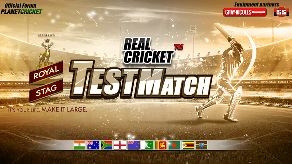 Real Cricket™ Test Match - Real Cricket Test Match title screen showing a batsman in a stadium with international flags
