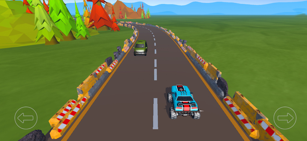 A blue monster truck driving on a highway with colorful low-poly trees and mountains in the background.