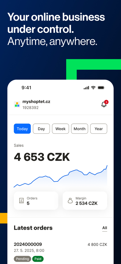 Shoptet - Shoptet mobile app dashboard showing real-time sales statistics and order management