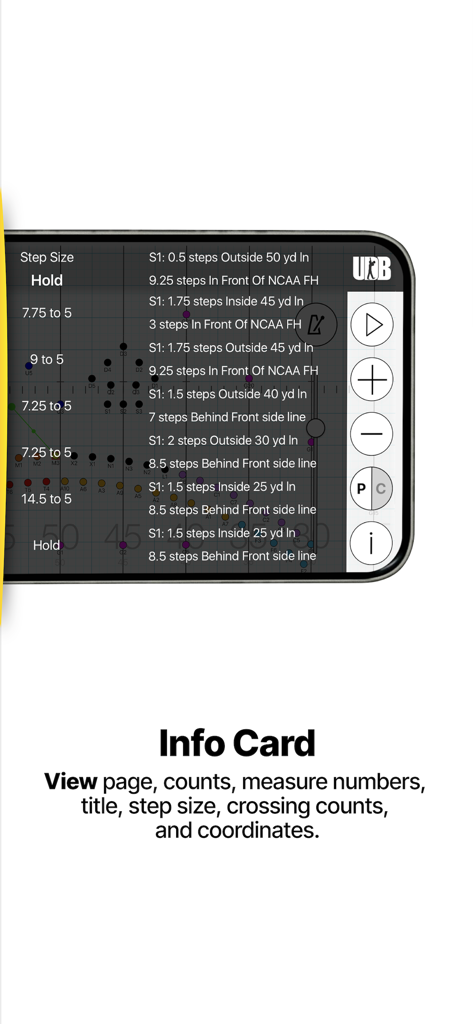 UDBapp Pro - A screenshot of UDBapp Pro showing the Info Card feature with detailed marching band coordinates and step sizes on a field diagram.