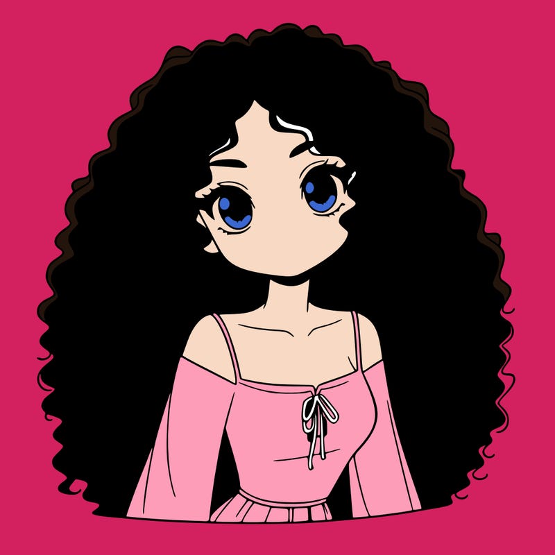 a black anime girl with long afro hair