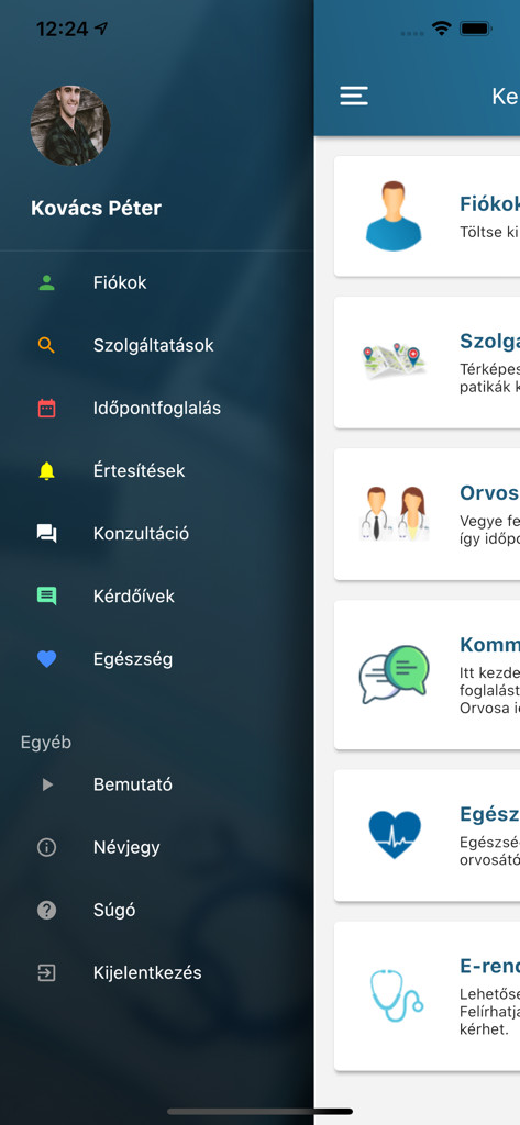 The navigation menu and main dashboard of the NetDoktor Paciens medical management app showing features like appointment booking and consultation.