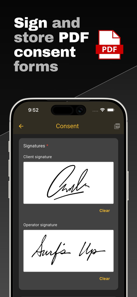 Mobile screen of the STUDIO Artist app showing digital consent forms with signature fields for tattoo clients and operators