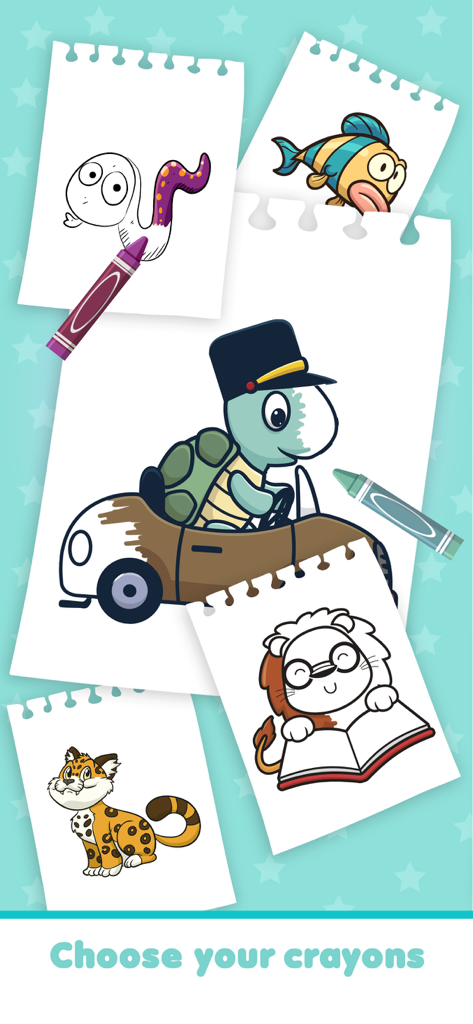 Coloring and painting animals - Interface de livro de colorir digital mostrando animais de desenho animado como uma tartaruga dirigindo um carro e um leão com um livro